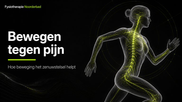 Illustratie van beweging, zenuwstelsel en pijnmodulatie in Noorderbad stijl.