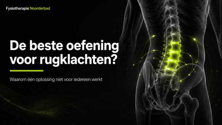 Illustratie van lage rugklachten, beweging en belasting in de Noorderbad stijl.