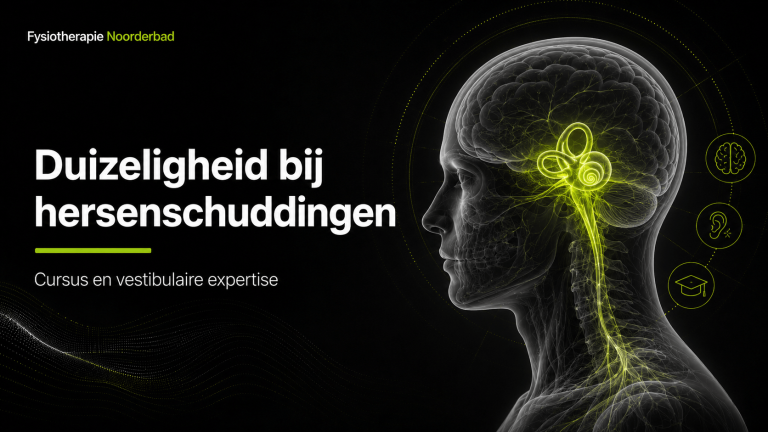 Illustratie van duizeligheid bij hersenschudding met vestibulair systeem, hersenen en nek.