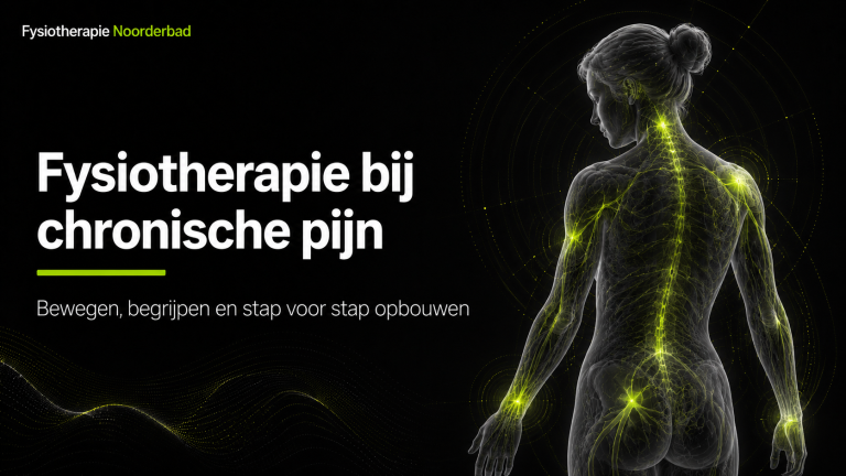 Illustratie van fysiotherapie bij chronische pijn met zenuwstelsel, beweging en herstel.