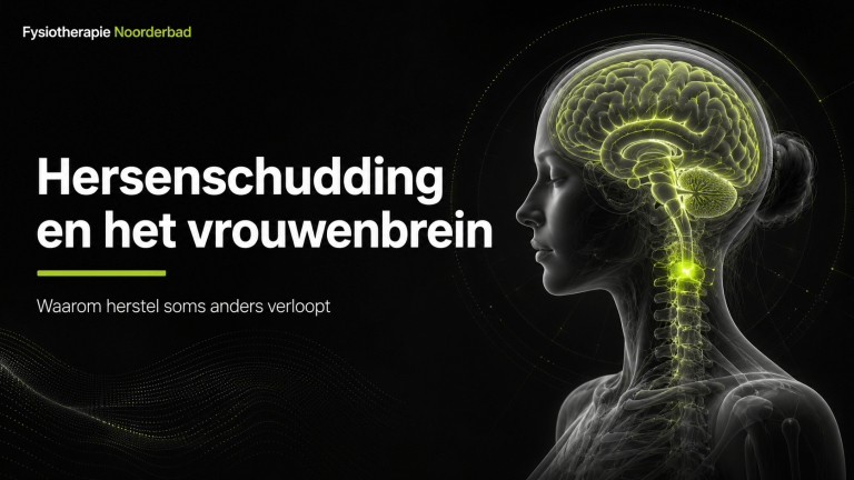 Illustratie van hersenschudding en herstel bij vrouwen met hersenen, nek en zenuwstelsel in Noorderbad stijl.