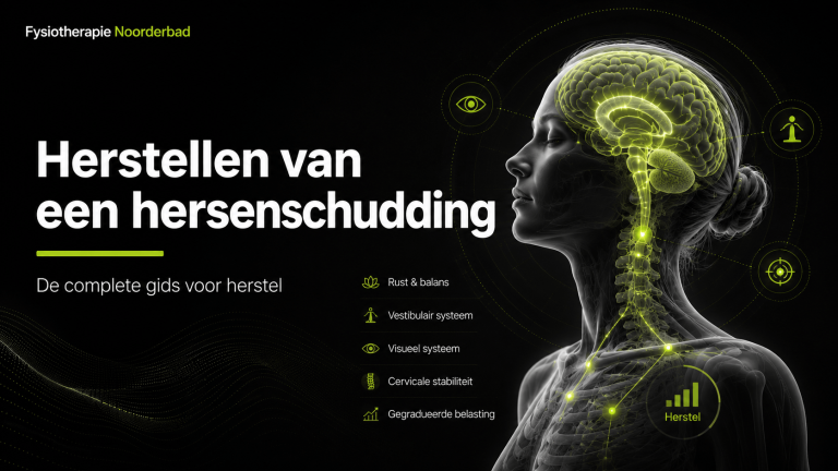 Illustratie van herstel na een hersenschudding met hersenen, nek, balans en visuele prikkels.