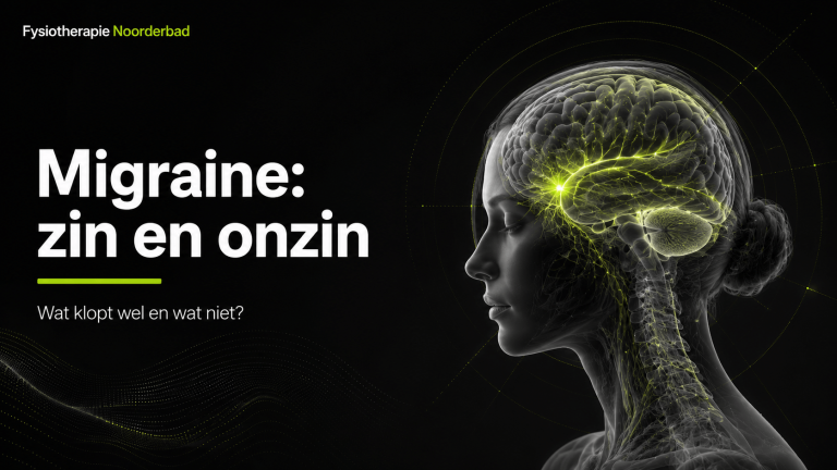 Illustratie van migraine, prikkelverwerking en hersenactiviteit in Noorderbad stijl.