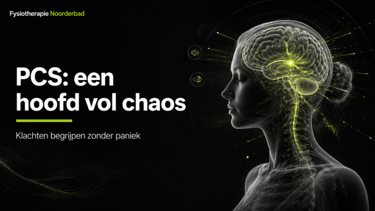 Illustratie van postcommotioneel syndroom met hersenen, nek en prikkelverwerking in Noorderbad stijl.