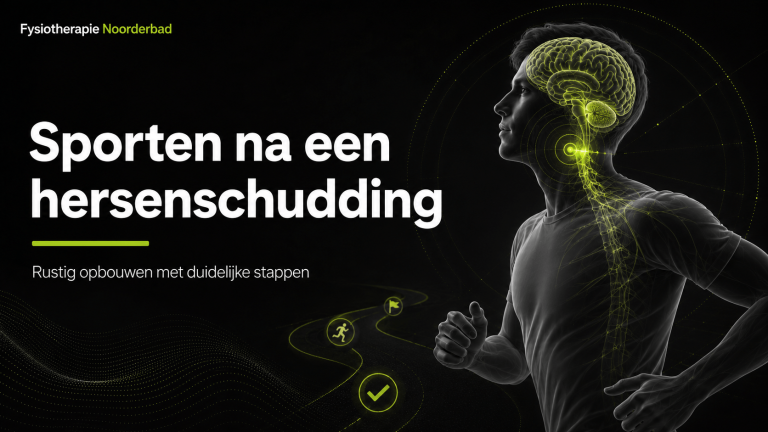 Illustratie van rustig sporten na een hersenschudding met hersenen, nek en balans in beeld.