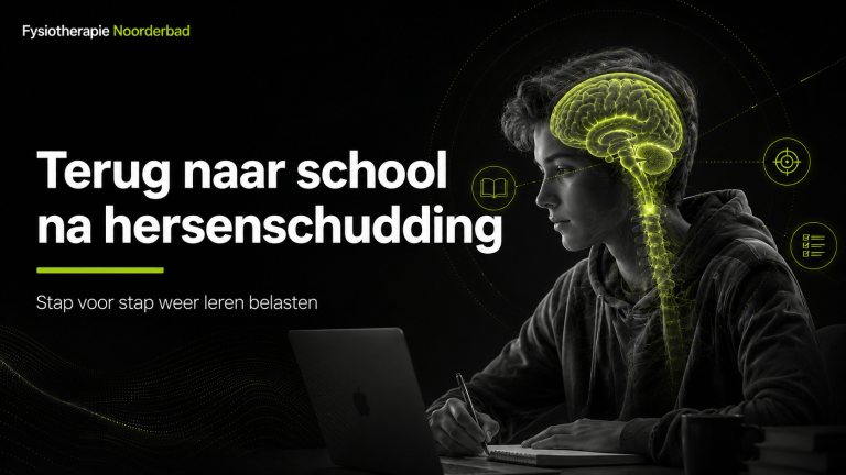 Illustratie van terugkeer naar school na een hersenschudding met hersenen, nek en leerbelasting.