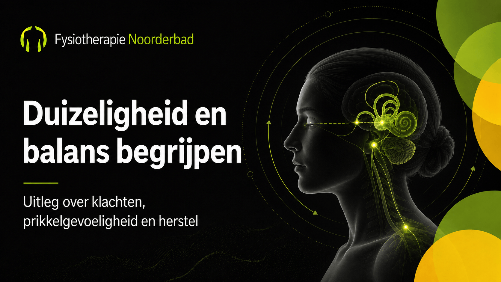 Illustratie van hoofd, evenwichtsorgaan en zenuwbanen, gebruikt als banner voor een hub over duizeligheid, balans en prikkelgevoeligheid.