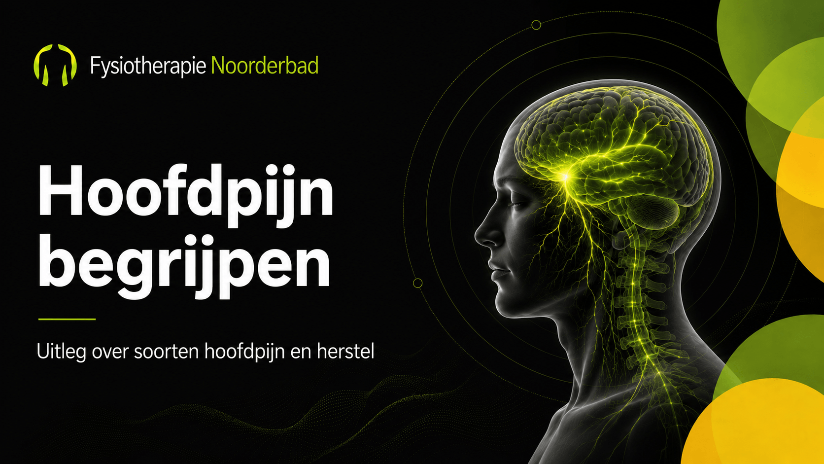 Illustratie van een hoofd en hersenen met nadruk op hoofdpijn en zenuwactiviteit, gebruikt als banner voor een hub over hoofdpijn.