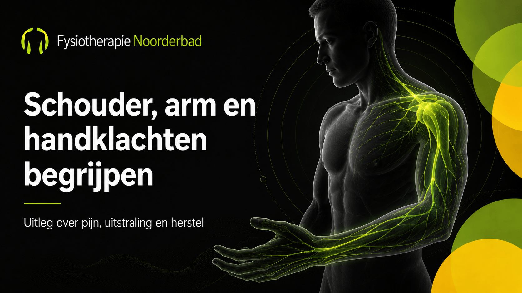 Illustratie van schouder, arm en hand met nadruk op zenuwbanen en uitstraling, gebruikt als banner voor een hub over schouder-, arm- en handklachten.